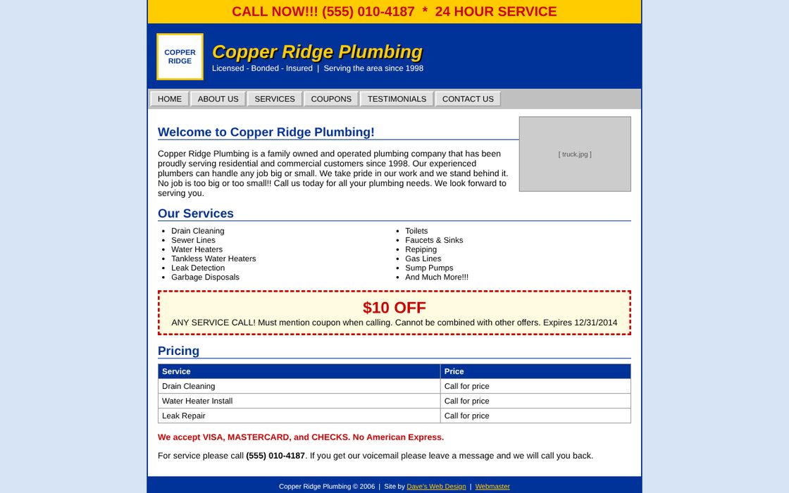 Copper Ridge Plumbing old website